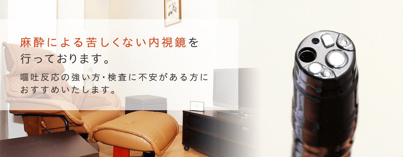 麻酔による苦しくない内視鏡を行っております。嘔吐反応の強い方・検査に不安がある方におススメいたします。